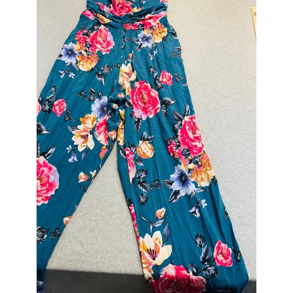 Heart Of Gypsy Jumpsuit Womens Large Teal Blue Floral Strapless Wide‎ Leg Boho
